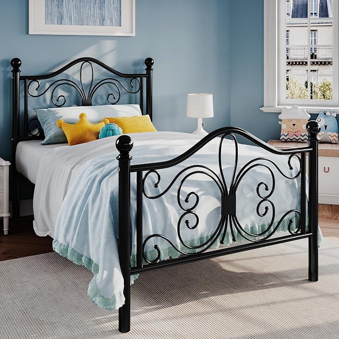 SHA CERLIN Twin Size Metal Bed Frame with Butterfly Headboard, Black | Metal Platform Bed for Kids, Wrought Iron-Art Headboard/Footboard, Under-Bed Storage, No Box Spring Needed, Easy Assembly