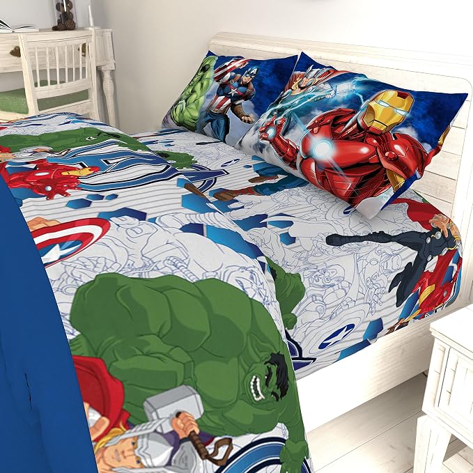 Marvel Avengers Kids Comforter Set, Full 5 Pc (Official Marvel Product) | Superhero Bed in a Bag; Captain America, Iron Man, Hulk, Thor; Reversible, Super Soft Machine Washable Microfiber