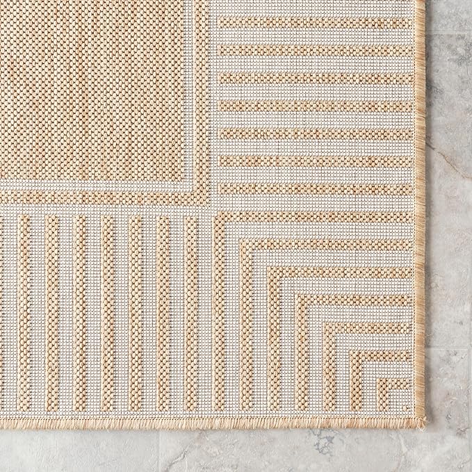 Nuloom Asha Tan/Ivory, 9'6" x 12', Casual, Striped Border, Soft and Cozy, High Traffic, Easy Clean, Durable Area Rug for Indoor/Outdoor Patio, Deck, Porch, Garden, Courtyard