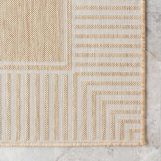Nuloom Asha Tan/Ivory, 4' x 6', Casual, Striped Border, Soft and Cozy, High Traffic, Easy Clean, Durable Area Rug for Indoor/Outdoor Patio, Deck, Porch, Garden, Courtyard
