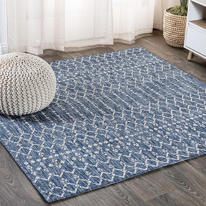 JONATHAN Y Moroccan Geometric Indoor Outdoor Square Area Rug 9X9 Navy/Light Gray, Ourika Textured Weave for Backyard, Patio, Porch, Easy-Cleaning, High Traffic, Pet-Friendly, Non-Shedding SMB108B-9SQ