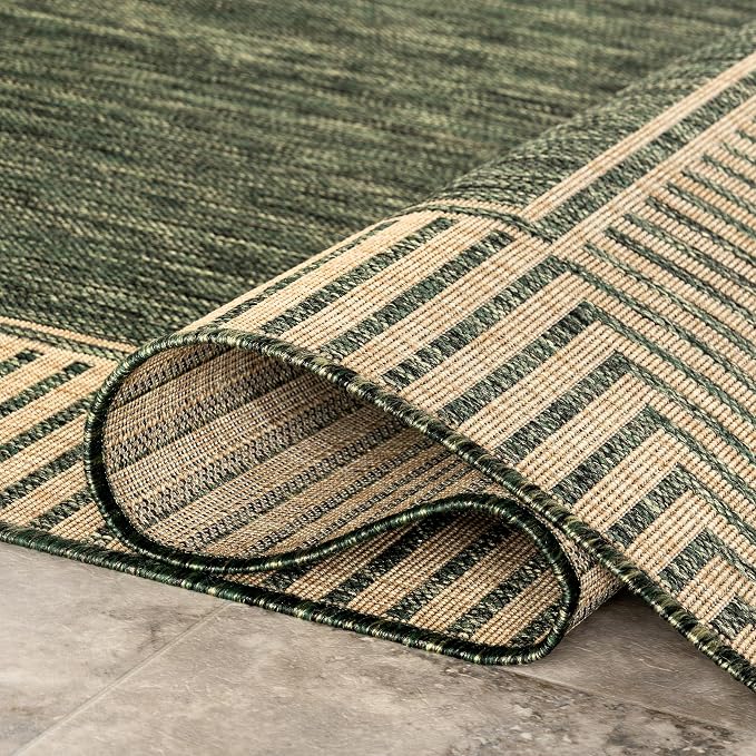 Nuloom Asha Green/Brown, 6'7" x 9', Casual, Striped Border, Soft and Cozy, High Traffic, Easy Clean, Durable Area Rug for Indoor/Outdoor Patio, Deck, Porch, Garden, Courtyard