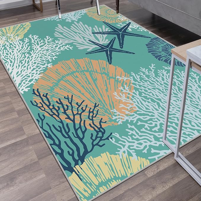 Tritard Coastal Area Rugs Nautical Beach Themed Non-Slip Machine Washable Rugs Modern Floor Carpet for Living Room Bedroom, 5x7, Teal and Turquoise