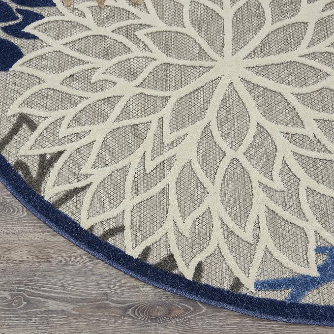 Nourison Home Aloha Indoor/Outdoor Blue/Multicolor 5'3" x Round Area Rug, Tropical, Botanical, Easy Cleaning, Non Shedding, Bed Room, Living Room, Dining Room, Deck, Backyard, Patio (5 Round)