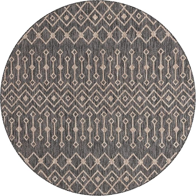 Unique Loom Outdoor Trellis Collection Area Rug - Tribal Trellis (7' 10" Round, Charcoal Gray/ Natural)