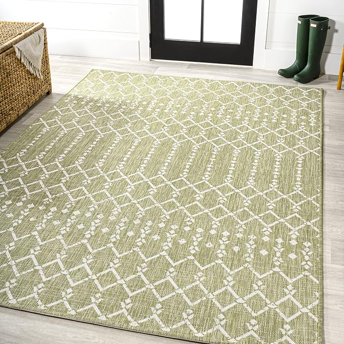 JONATHAN Y Moroccan Geometric Indoor Outdoor Area Rug 5X8 Light Green/Cream, Ourika Textured Weave for Backyard, Patio, Porch, Easy-Cleaning, High Traffic, Pet-Friendly, Non-Shedding (SMB108N-5)