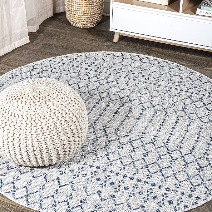 JONATHAN Y Moroccan Geometric Indoor Outdoor Round Area Rug 4 Ft Light Gray/Navy, Ourika Textured Weave for Backyard, Patio, Porch, Easy-Cleaning, High Traffic, Pet-Friendly, Non-Shedding SMB108A-4R
