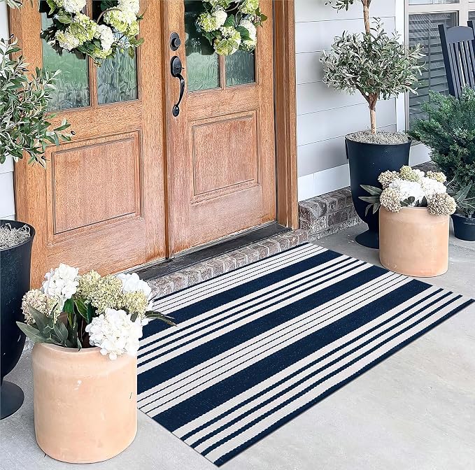BUAGETUP Blue and White Layered Doormat,27.5x43.3inch Striped Outdoor Rug Hand Woven Cotton Indoor Outdoor Rug for Porch Layered