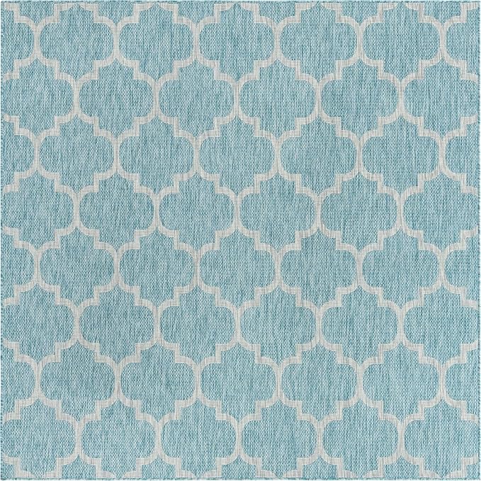 Unique Loom Outdoor Trellis Collection Area Rug (7' 10" Square, Aquamarine/ Gray)