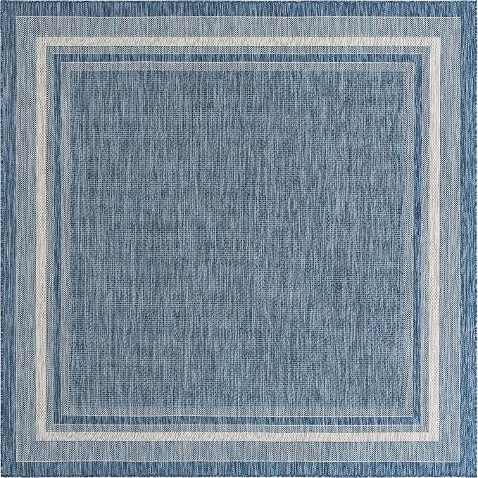 Unique Loom Outdoor Border Collection Area Rug - Soft Border (7' 10" Square, Blue/ Ivory)