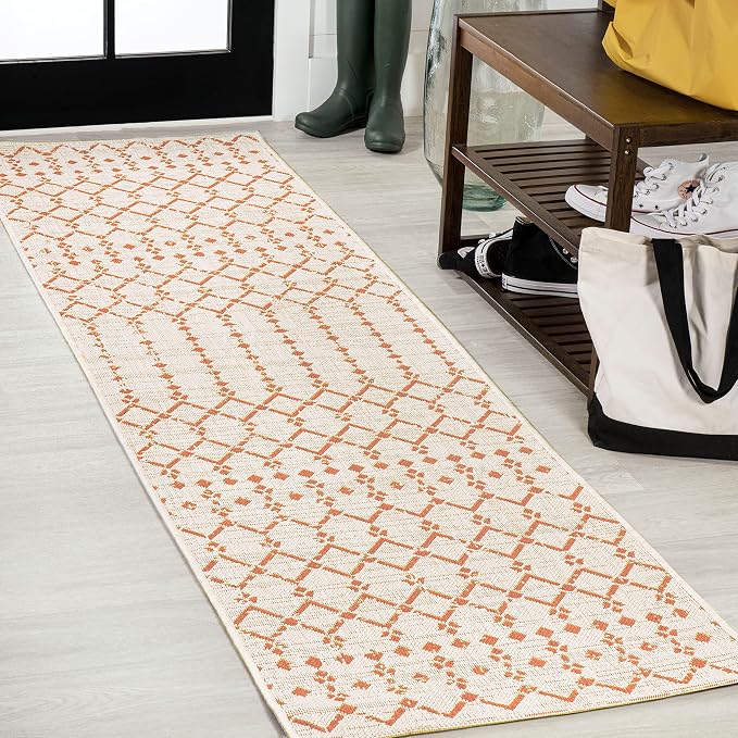 JONATHAN Y Moroccan Geometric Indoor Outdoor Runner Rug 2X8 Cream/Orange, Ourika Textured Weave for Backyard, Patio, Porch, Easy-Cleaning, High Traffic, Pet-Friendly, Non-Shedding (SMB108O-28)