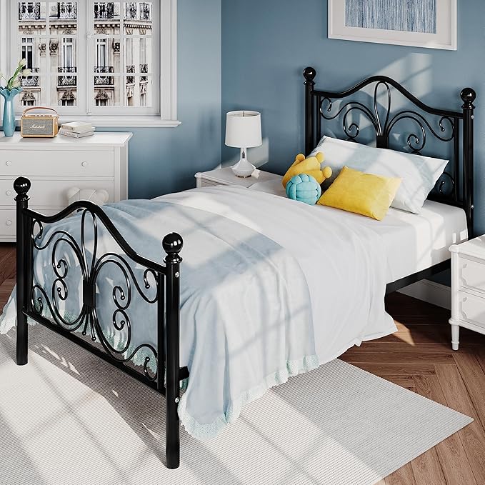 SHA CERLIN Twin Size Metal Bed Frame with Butterfly Headboard, Black | Metal Platform Bed for Kids, Wrought Iron-Art Headboard/Footboard, Under-Bed Storage, No Box Spring Needed, Easy Assembly