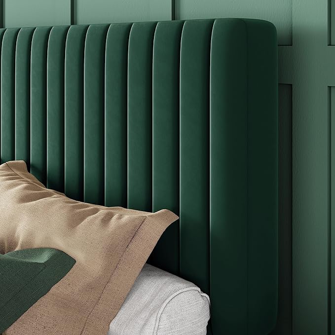 Allewie Full Bed Frame, Velvet Upholstered Platform Bed with Adjustable Vertical Channel Tufted Headboard, Mattress Foundation with Strong Wooden Slats, Box Spring Optional, Easy Assembly, Green