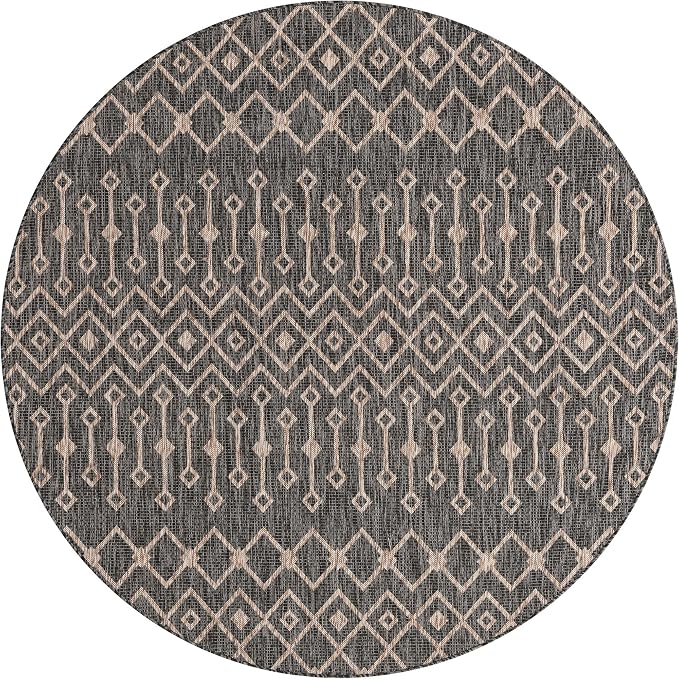 Unique Loom Outdoor Trellis Collection Area Rug - Tribal Trellis (7' 10" Round, Charcoal Gray/ Natural)