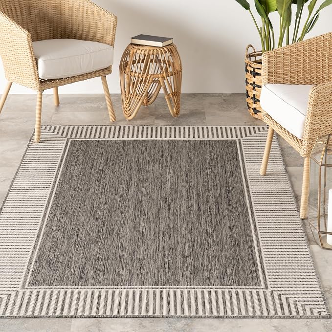 Nuloom Asha Grey/Ivory, 4' x 6', Casual, Striped Border, Soft and Cozy, High Traffic, Easy Clean, Durable Area Rug for Indoor/Outdoor Patio, Deck, Porch, Garden, Courtyard