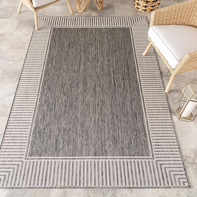 Nuloom Asha Grey/Ivory, 10' x 14', Casual, Striped Border, Soft and Cozy, High Traffic, Easy Clean, Durable Area Rug for Indoor/Outdoor Patio, Deck, Porch, Garden, Courtyard