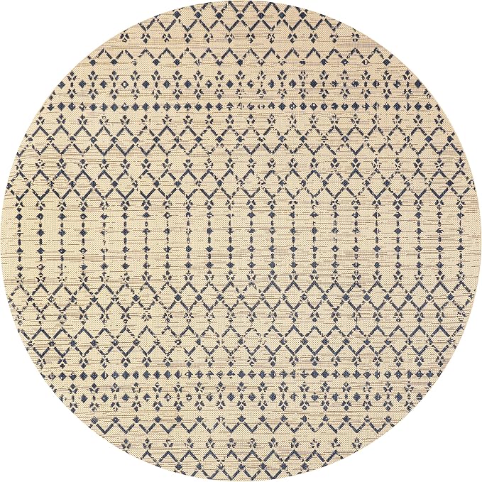 JONATHAN Y Moroccan Geometric Indoor Outdoor Round Area Rug 6 Ft Beige/Navy, Ourika Textured Weave for Backyard, Patio, Porch, Easy-Cleaning, High Traffic, Pet-Friendly, Non-Shedding (SMB108H-6R)