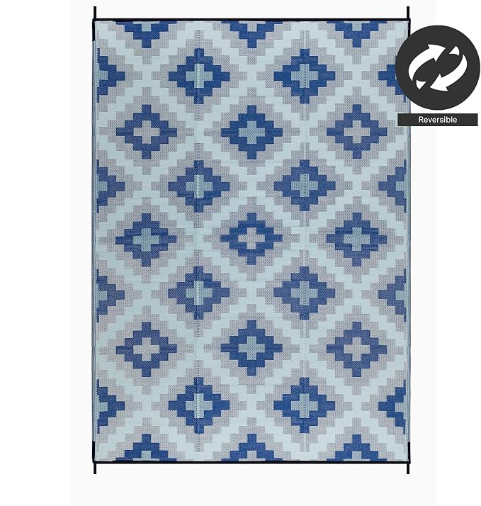FH Home Outdoor Camping Rug - Waterproof, Fade Resistant, Reversible - Premium Recycled Plastic - Geometric - Large Patio, Deck, Sunroom, RV - Aztec Kilim - Blue Multi - 9 x 12 ft Foldable