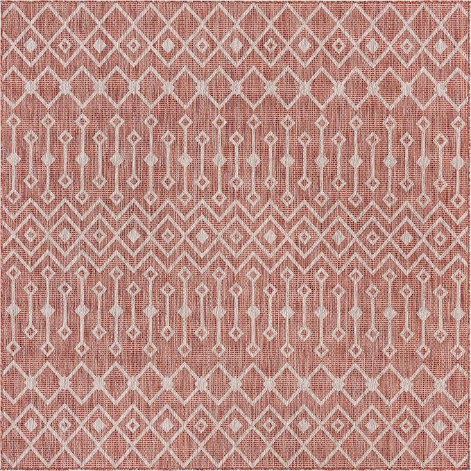 Unique Loom Outdoor Trellis Collection Area Rug - Tribal Trellis (7' 10" Square, Rust Red/ Ivory)