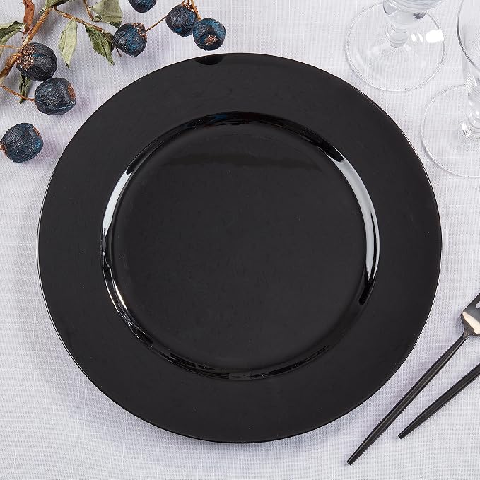 SARO LIFESTYLE Decorative Charger Plates, 13” Round Plastic Charger Plates, Set of 4 – Elegant Table Décor for Events, Weddings & Home Dining, Black