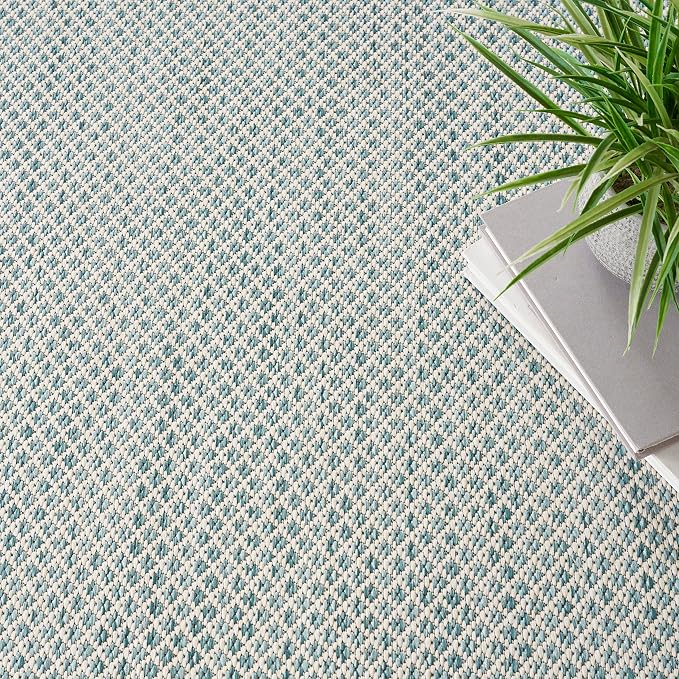 Nourison Home Courtyard Ivory Aqua 4' x Square Area Rug - Easy Clean, Non Shedding, Bed Room, Living Room, Dining Room, Kitchen (4' x Square)