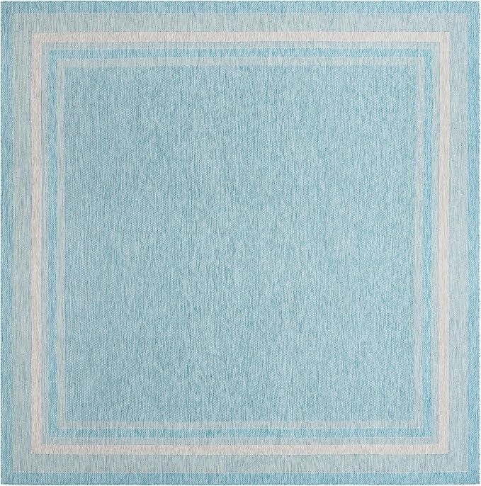 Unique Loom Outdoor Border Collection Area Rug - Soft Border (13' Square, Aquamarine/ Ivory)