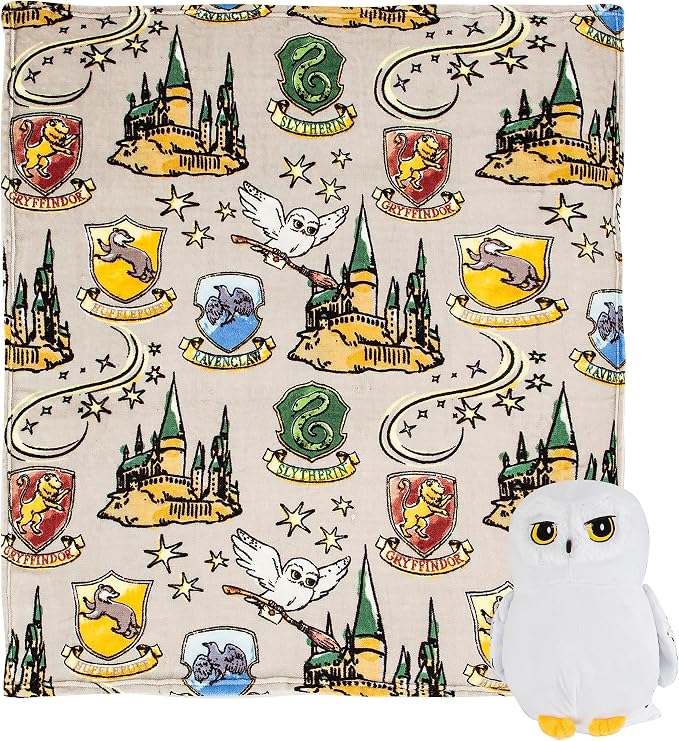 Northwest Character Hugger Pillow & Silk Touch Throw Blanket Set, Stuffed Animal for Kids, Newborn Snuggle Toy, 40" x 50", Harry Potter - Hedwig Magic