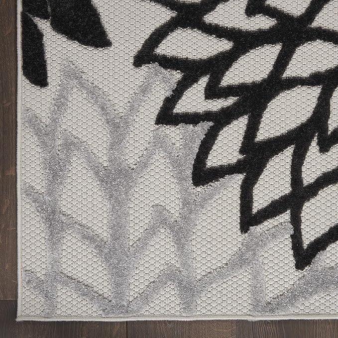 Nourison Home Aloha Indoor/Outdoor Black White 2'3'' x 8' Area-Rug, Tropical, Botanical, Easy-Cleaning, Non Shedding, Bed Room, Living Room, Dining Room, Deck, Backyard, Patio (2x8)