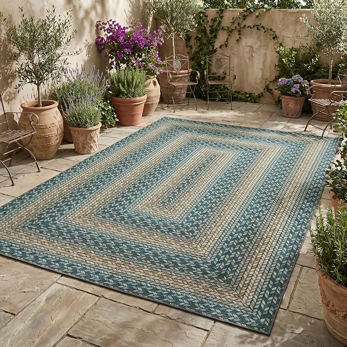 Garvee Braided-Print Washable 9x12 Living Room Rug Non Slip Ultra-Thin Neutral Rug Indoor Outdoor Easy Jute Rugs Foldable Non-Shedding Farmhouse Carpet for Bedroom Kitchen Porch Patio Deck Green/Camel
