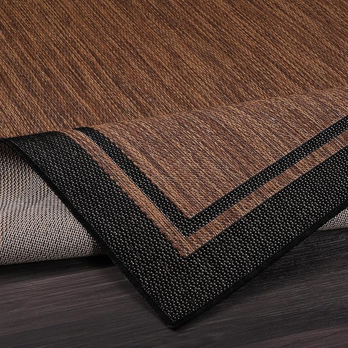CAMILSON Indoor Outdoor Rug, 9x12 Bordered Nut Brown Black Modern Area Rugs for Indoor and Outdoor Patios, Kitchen and Hallway Mats, Washable Porch Deck Outside Carpet (Border Nut Brown Black, 9 x 12)