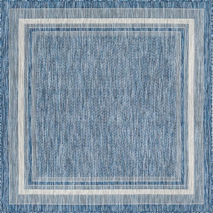 Unique Loom Outdoor Border Collection Area Rug - Soft Border (5' 3" Square, Blue/ Ivory)