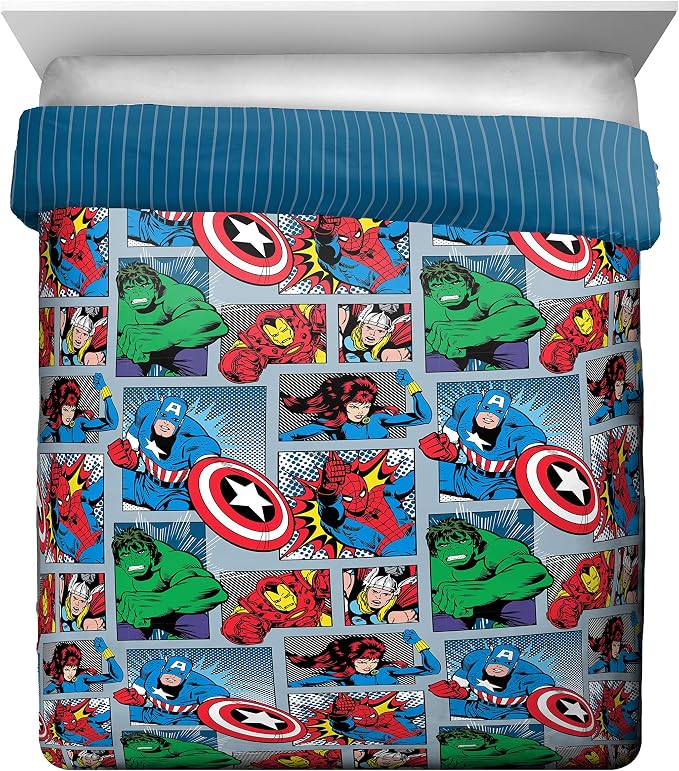Marvel Comics Iron Man Queen Comforter Set 5 Piece Kids Bedding, Multi | Hulk Captain America, Bed in a Bag, Comforter Sheets Pillowcases, Soft Microfiber, Machine Washable, Boys Gift