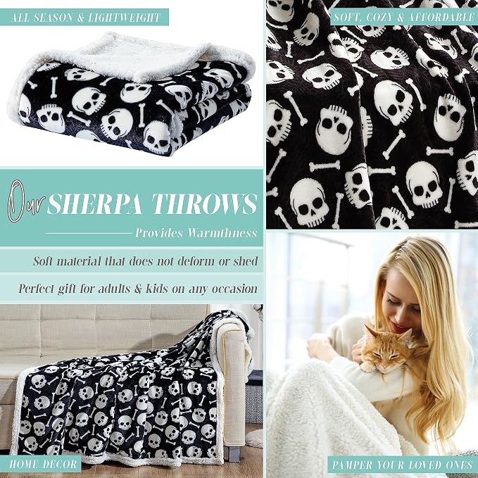 Elegant Comfort Throw Blanket, Reversible Sherpa Flannel, Ultra-Soft, Fuzzy, Cozy and Plush- All Season Lightweight Decorative Throw, 50 x 60 inches, Skulls and Bones Sherpa Throw