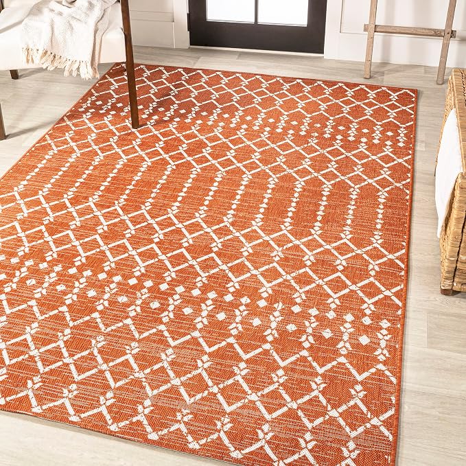 JONATHAN Y Moroccan Geometric Indoor Outdoor Area Rug 3X5 Orange/Cream, Ourika Textured Weave for Backyard, Patio, Porch, Easy-Cleaning, High Traffic, Pet-Friendly, Non-Shedding (SMB108P-3)