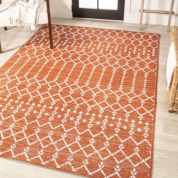 JONATHAN Y Moroccan Geometric Indoor Outdoor Area Rug 9X12 Orange/Cream, Ourika Textured Weave for Backyard, Patio, Porch, Easy-Cleaning, High Traffic, Pet-Friendly, Non-Shedding (SMB108P-9)
