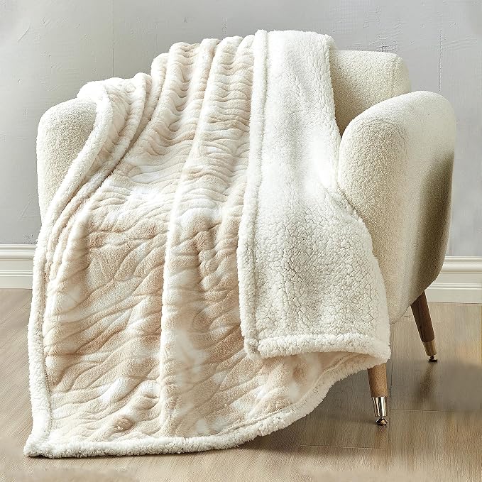 Elegant Comfort Luxury Ultra-Plush Velvet Touch Sherpa Fleece Throw Blanket - Alaska Beige