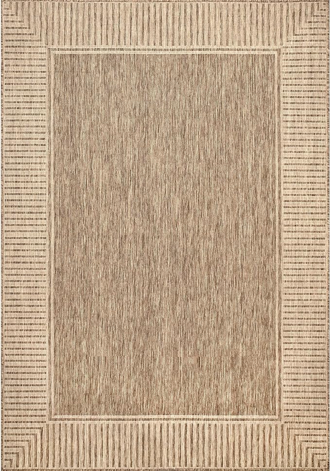Nuloom Asha Light Brown/Ivory, 4' x 6', Casual, Striped Border, Soft and Cozy, High Traffic, Easy Clean, Durable Area Rug for Indoor/Outdoor Patio, Deck, Porch, Garden, Courtyard