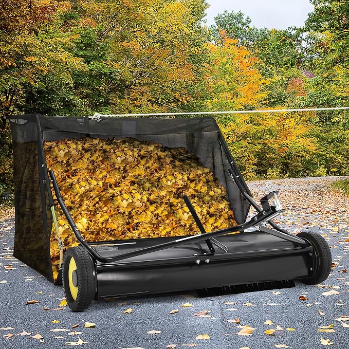 Tow Behind Lawn Sweeper 48" Wide, 26 Cu.Ft Large Hopper Yard Sweeper, Pull Behind Leaf Collector with Adjustable Sweeping Height, Universal Fit for Lawn Tractor & Debris Cleanup