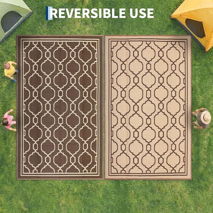 Garvee 8 x 10 Outdoor Rug Waterproof for Patio, Foldable Reversible Plastic Straw Area Rug, Large Mats for Camping, RV, Balcony, Deck, Picnic, Beach, Brown & Beige