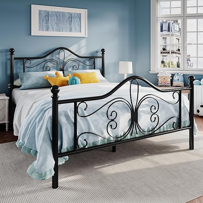 SHA CERLIN Queen Size Metal Bed Frame with Butterfly Headboard, Black | Metal Platform Bed for Kids, Wrought Iron-Art Headboard/Footboard, Under-Bed Storage, No Box Spring Needed, Easy Assembly