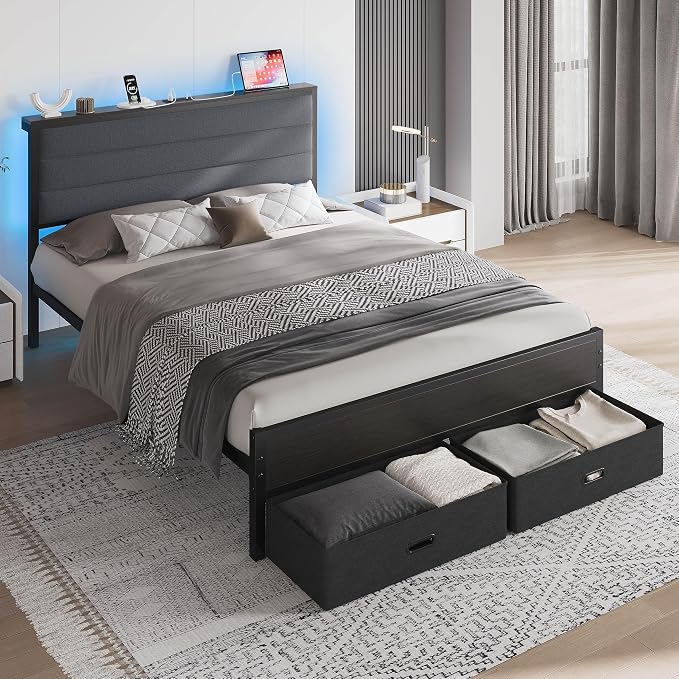 LIKIMIO Queen Size Bed Frame with 2 Storage Drawers, Upholstered Headboard | Queen Platform Bed Frame with Charging Station & LED Lights, Modern Style, Noise Free, No Box Spring Needed, Black and Grey
