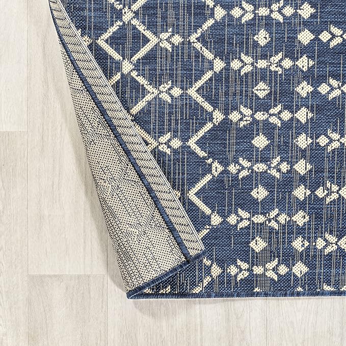 JONATHAN Y Moroccan Geometric Indoor Outdoor Round Area Rug 8 Ft Navy/Beige, Ourika Textured Weave for Backyard, Patio, Porch, Easy-Cleaning, High Traffic, Pet-Friendly, Non-Shedding (SMB108K-8R)