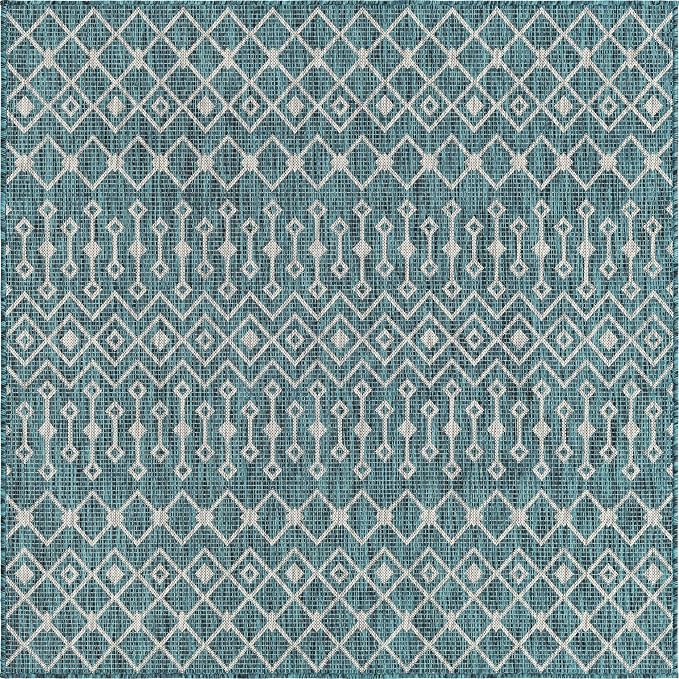 Unique Loom Outdoor Trellis Collection Area Rug - Tribal Trellis (5' 3" Square, Teal/ Ivory)