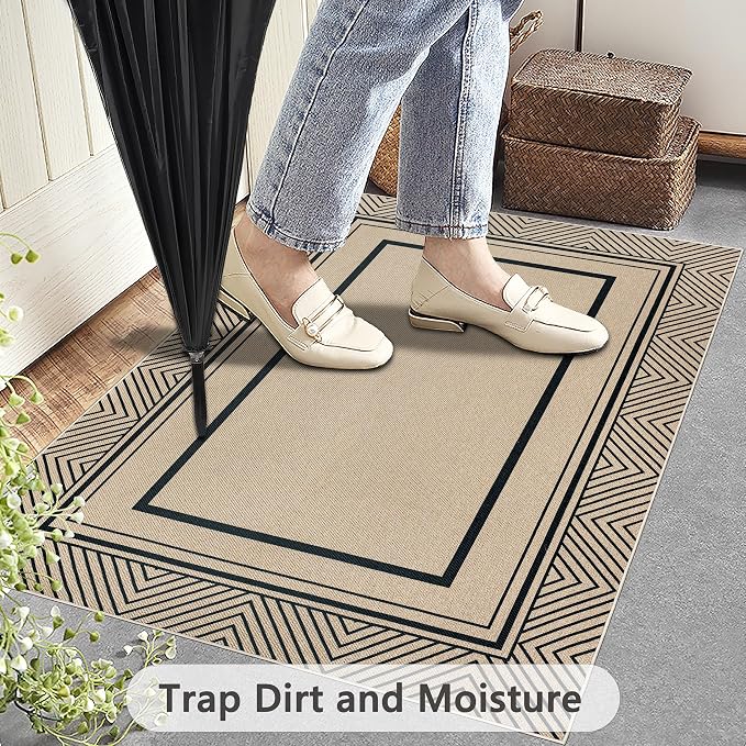 Capslpad 2x3 Faux Jute Indoor Mat,Washable Front Door Geometry Line Mat,Farmhouse Non-Slip Indoor Door Mat, Stain Resistant Low Pile Entryway Rug for Entryway, Kitchen, Bedroom, Laundry, Black
