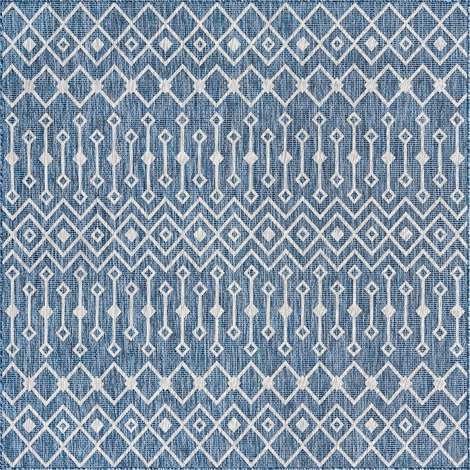 Unique Loom Outdoor Trellis Collection Area Rug - Tribal Trellis (8' Square, Blue/ Ivory)