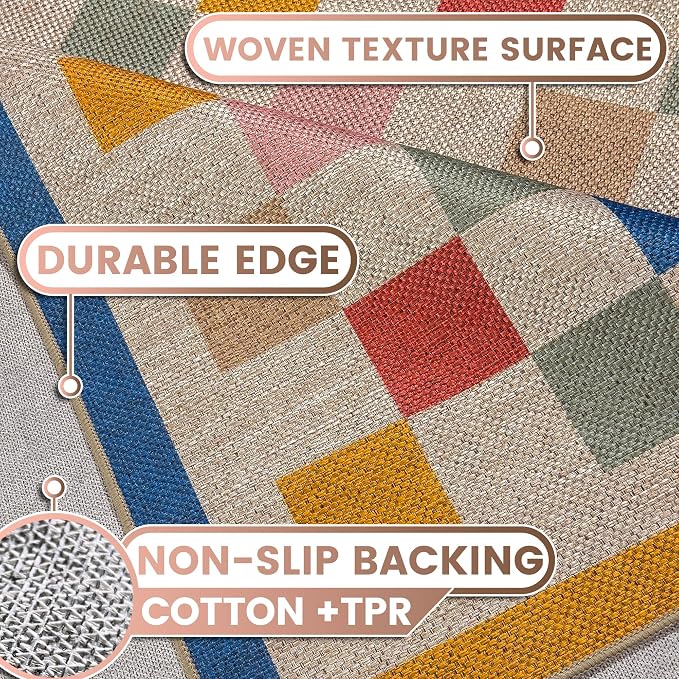 Washable 5x7 Checkered Easy Jute Rug for Living Room, Colorful Rainbow Checkerboard Boho Outdoor Indoor Patio Large Rugs, Low Pile Lightweight Carpet Mat for Dining Bedroom Backyard Classroom Kids