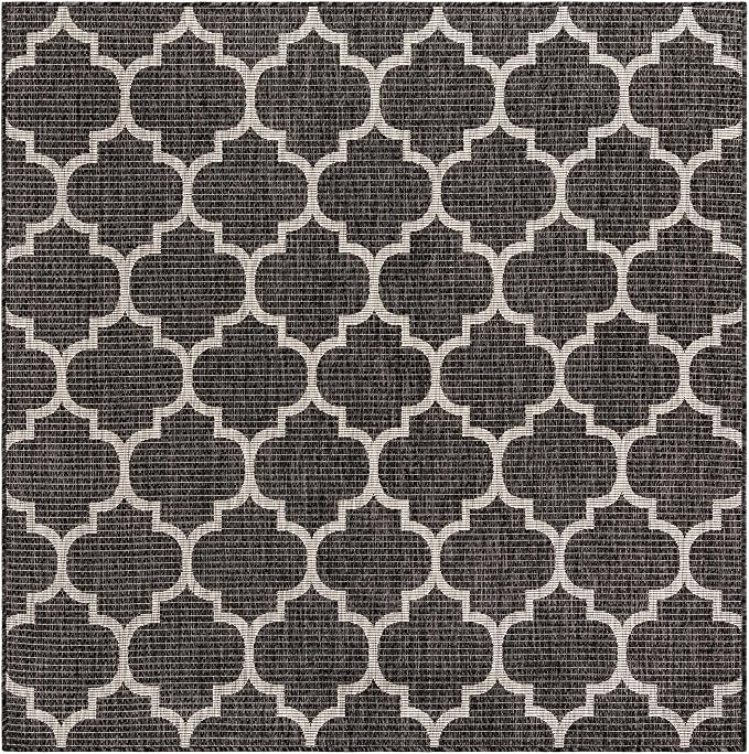 Unique Loom Outdoor Trellis Collection Area Rug (6' 1" Square Black/Ivory)