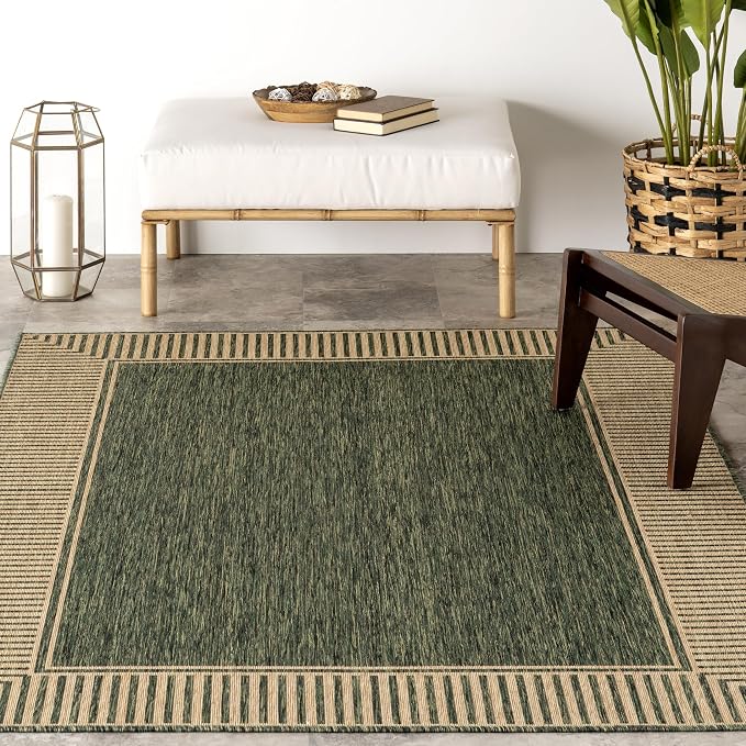 Nuloom Asha Green/Brown, 9'6" x 12', Casual, Striped Border, Soft and Cozy, High Traffic, Easy Clean, Durable Area Rug for Indoor/Outdoor Patio, Deck, Porch, Garden, Courtyard