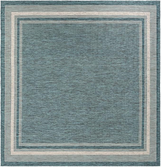 Unique Loom Outdoor Border Collection Area Rug - Soft Border (10' Square Teal/Ivory)