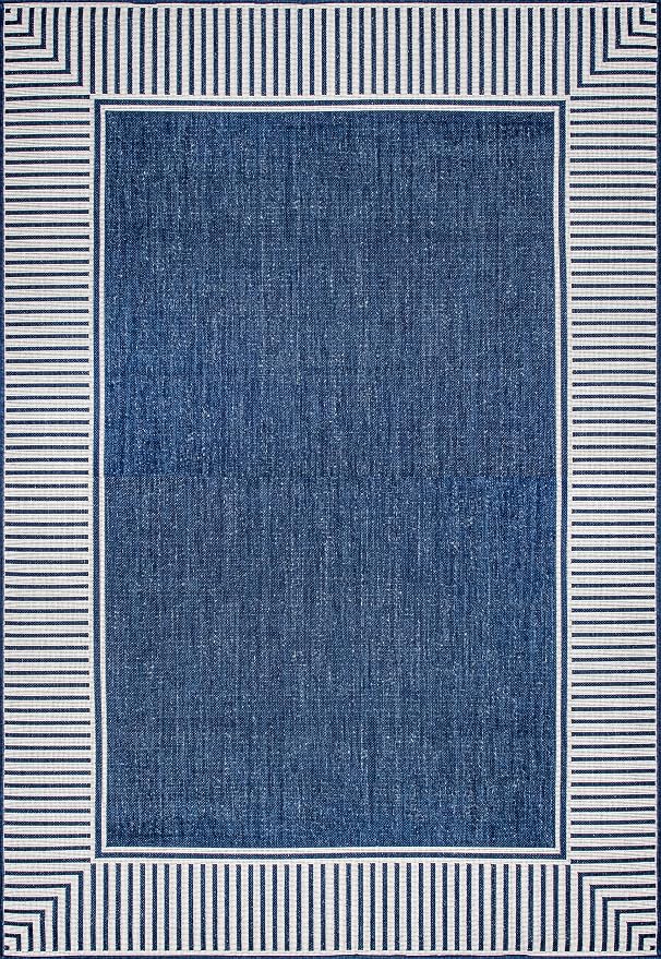 Nuloom Asha Navy/Ivory, 8' Square, Casual, Striped Border, Soft and Cozy, High Traffic, Easy Clean, Durable Area Rug for Indoor/Outdoor Patio, Deck, Porch, Garden, Courtyard
